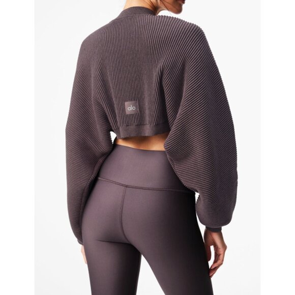 Alo Denim Knit Shawl Raisinette Oversized Relaxed Cropped Sweater Shrug Bolero - Picture 3 of 16